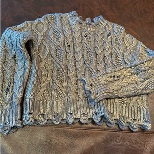 Zara Gray Cable-Knit Crewneck with Distressed Hem